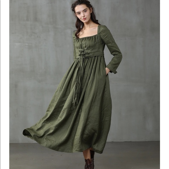 linennaive Dresses & Skirts - Beautiful linennaive cottagecore regency Jane Austen olive green natural dress